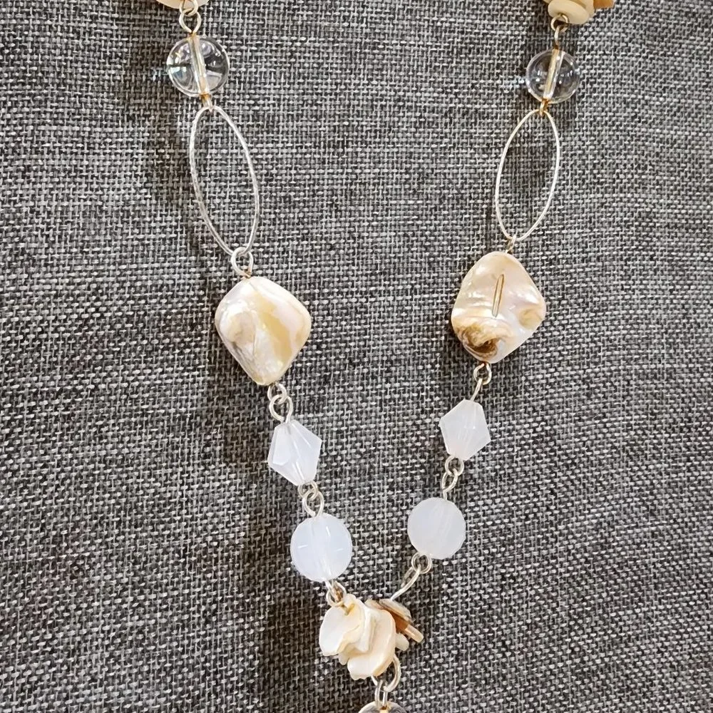 Abalone Shell Clear Glass Bead and White Bead Y Lariat Style Gold Necklace